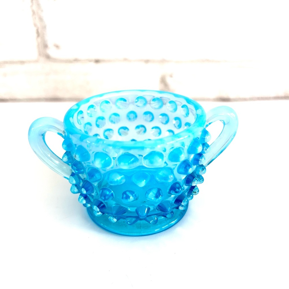 Fenton Blue Hobnail Glass Sugar Bowl Miniature 2”